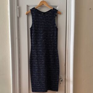 St. John Black and Blue Patterned Midi Dress